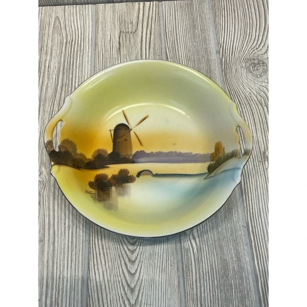 Meito China Hand Painted Windmill Landscape Porcelain Bowl Japan Vintage